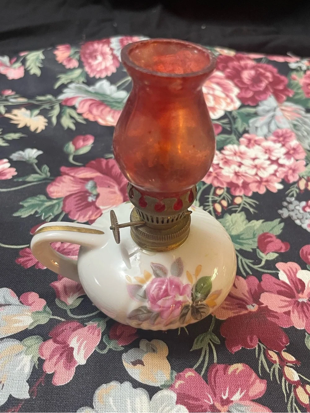 Vintage Floral Handled Mini Oil Lamp with Red Glass Chimney